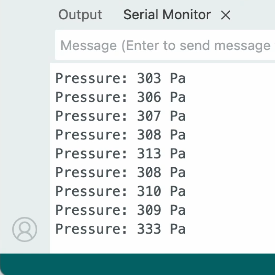 After further research, we were able to get the serial monitor to display dynamic pressure data that changed according to the timing intervals set in the code. When we blew into the sensor, the pressure readings increased accordingly.