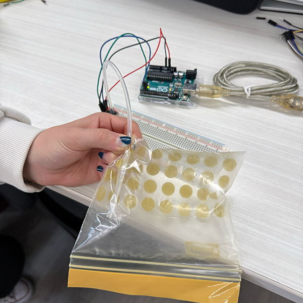 We blew air into a plastic bag to simulate an air pump. We cut a small hole in the corner of the bag, inserted the tube, and sealed the bag to prevent air from escaping. Although this method worked in our first activity, the sensor did not provide accurate pressure readings this time.