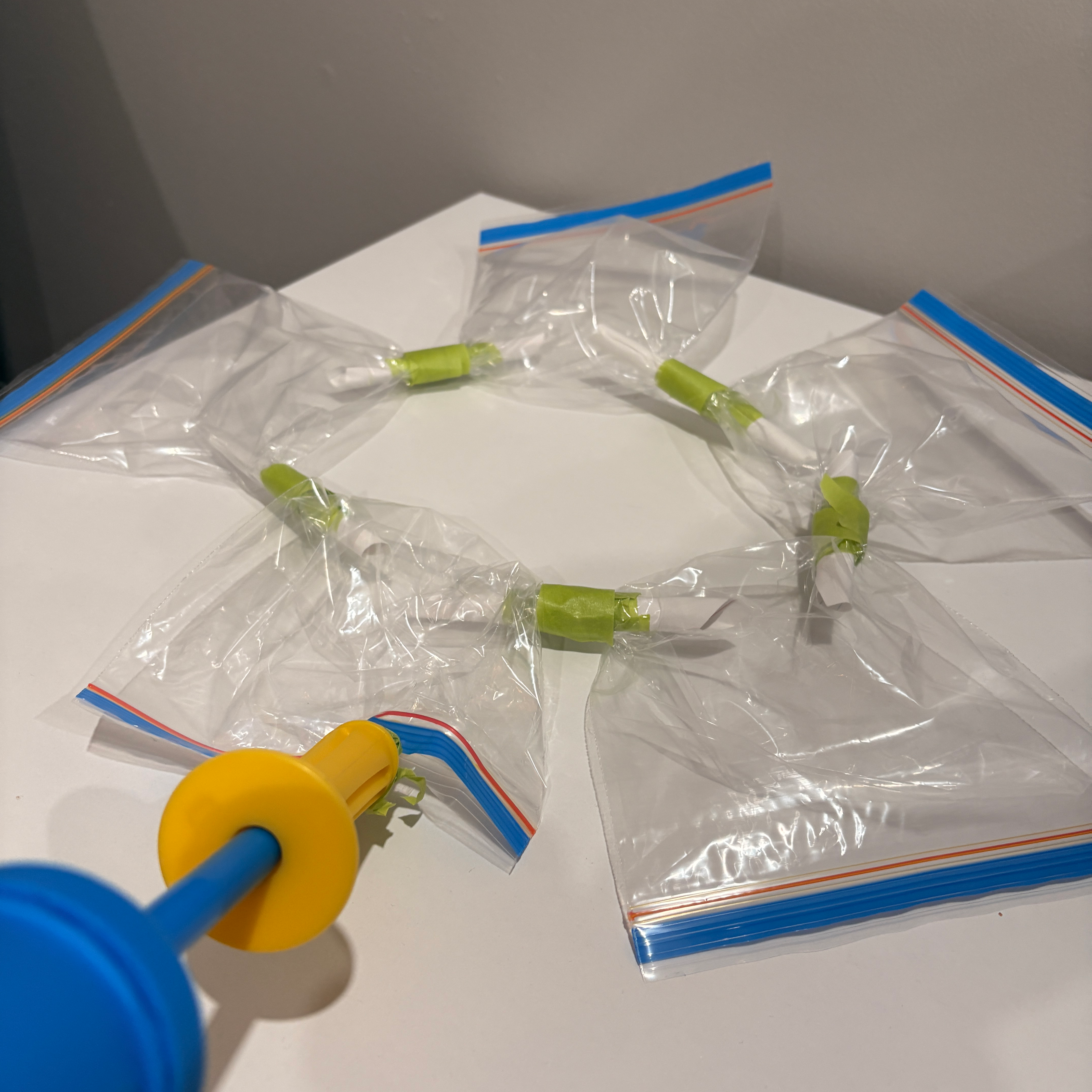 Here is a picture of the airbags that I created using ziplock bags. I cut small holes in the bags to insert the tubes to connect them.