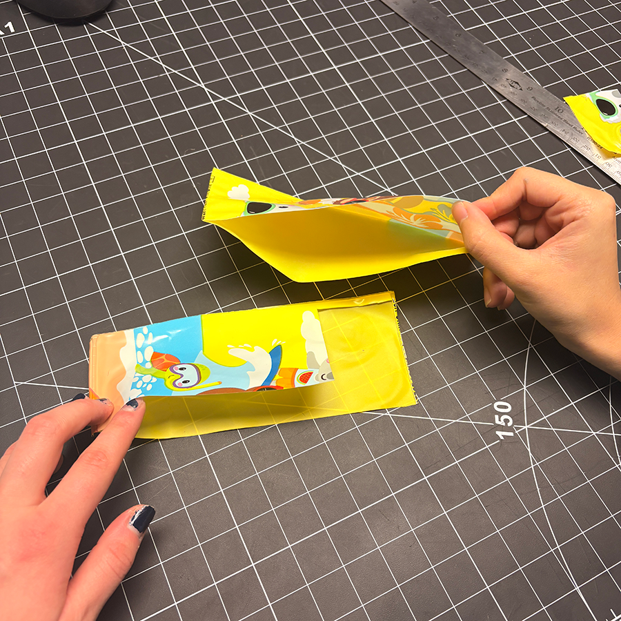 We cut the water wing into sections to create the airbags. This image shows what the water wing looked like when we first cut it. 